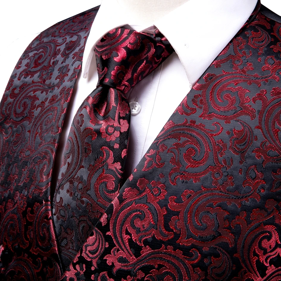 Hi-Tie Red Burgundy Silk Mens Dress Vest Tie Hanky Cufflinks Set Sleeveless Jacqurad Floral Waistcoat Jacket for Male Clothing 4