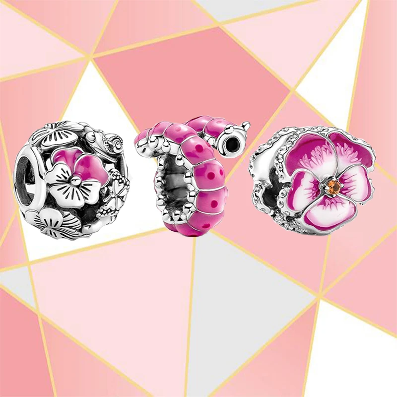 2022 Nuovissimo S925 Sterling Silver Cute Curly Caterpillar Pink Pansy Flower Friends Design Chic Charm Per Amici E Familiari