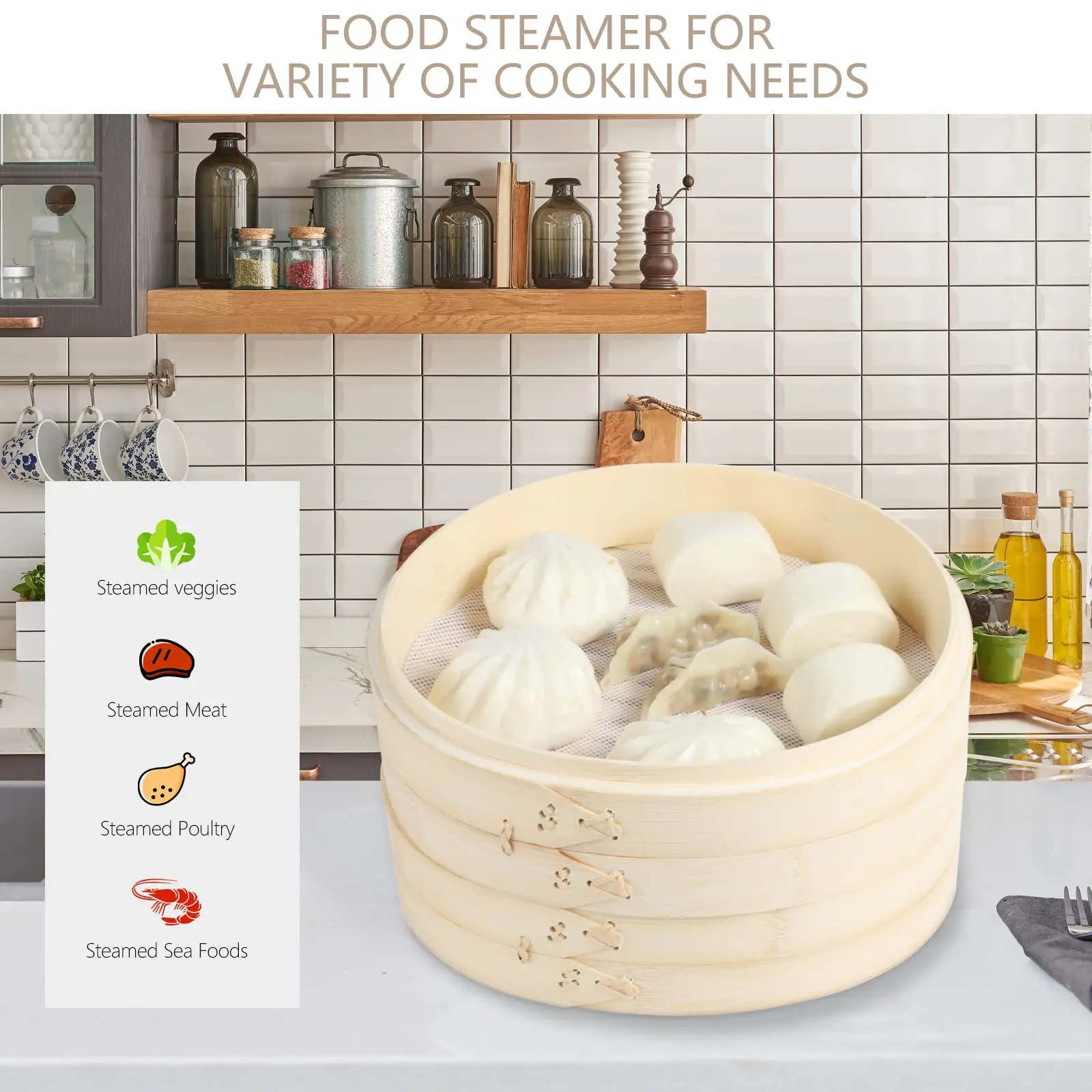 10 Inch Bamboo Steamer With Cover Chinese Steamer Dumplings Bamboo Steamer Steamed Bun Steamer for Fish Meat home