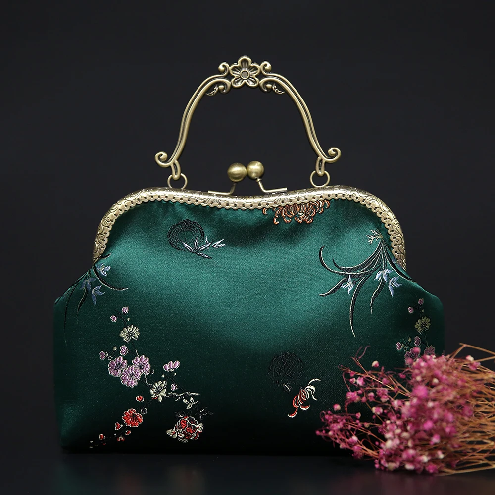 

Tote Women's Handbags Purses Original Handmade Silk Vintage Flowers Green Women Mother Cheongsam Bags Fringe Bag