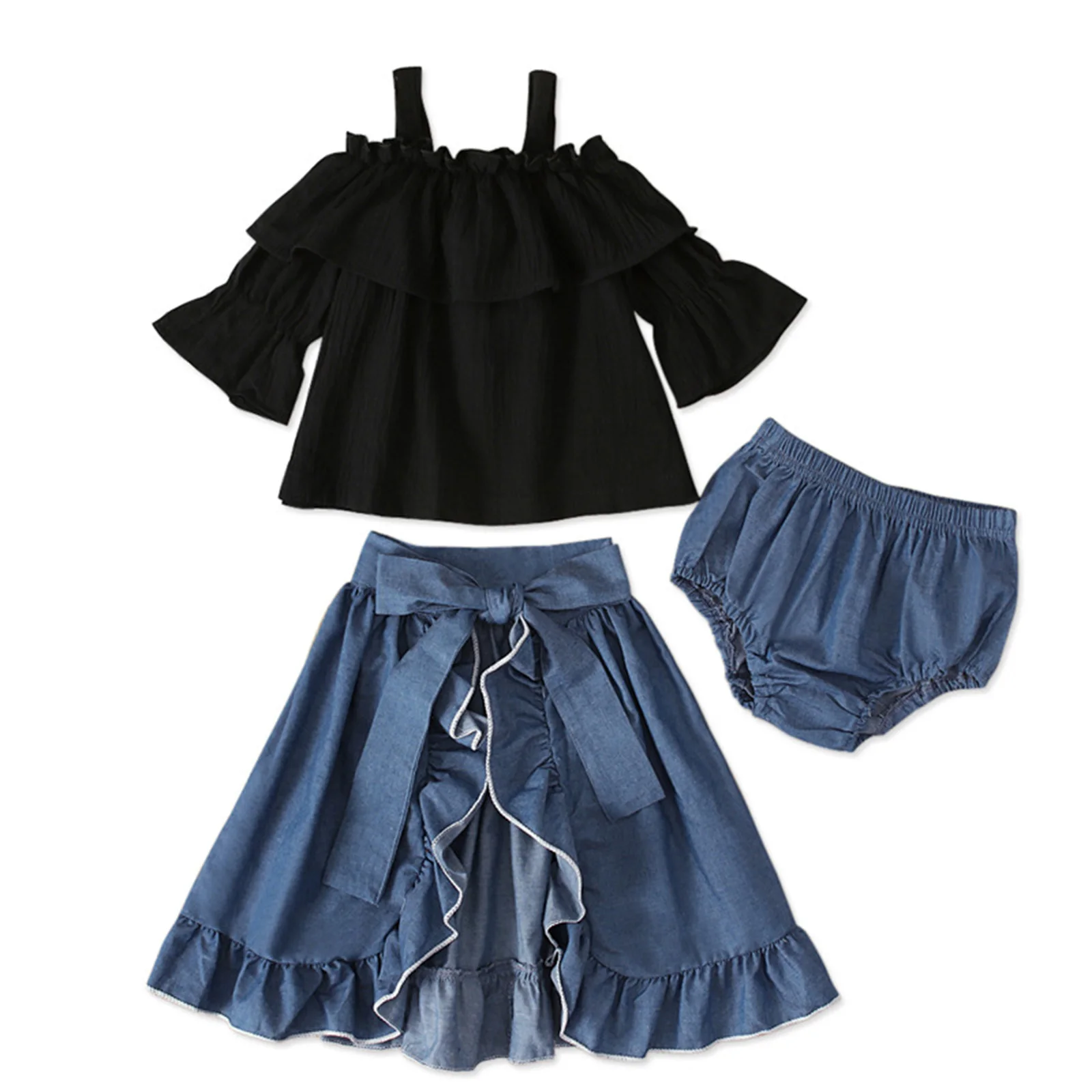 

Kids Toddler Girls Fashion Summer Outfits Middle Sleeve Ruffle Suspenders Cami Top with Split Skirt Shorts Party Street Wear