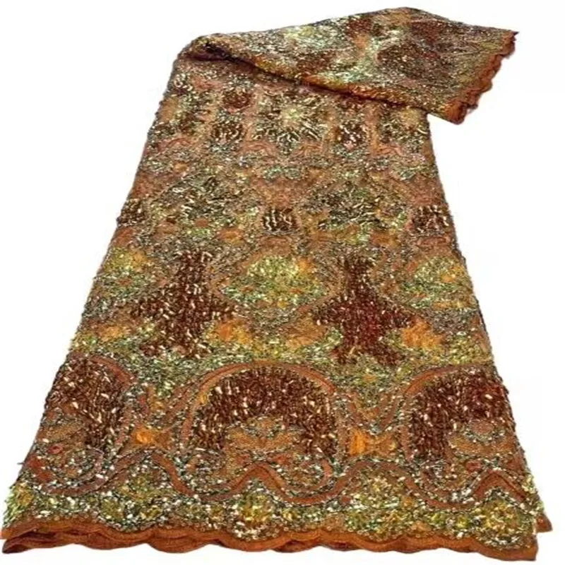 

2023 элегантная Тяжелая Золотая/оранжевая кружевная ткань с блестками, нигерийская сетчатая кружевная ткань с 3D вышивкой для свадебных платьев