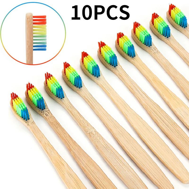 레인보우 대나무 칫솔, 생분해 친환경 패션 대나무 손잡이, 부드러운 중간 강모, 성인 어린이 구강 관리, 1/3 개 
