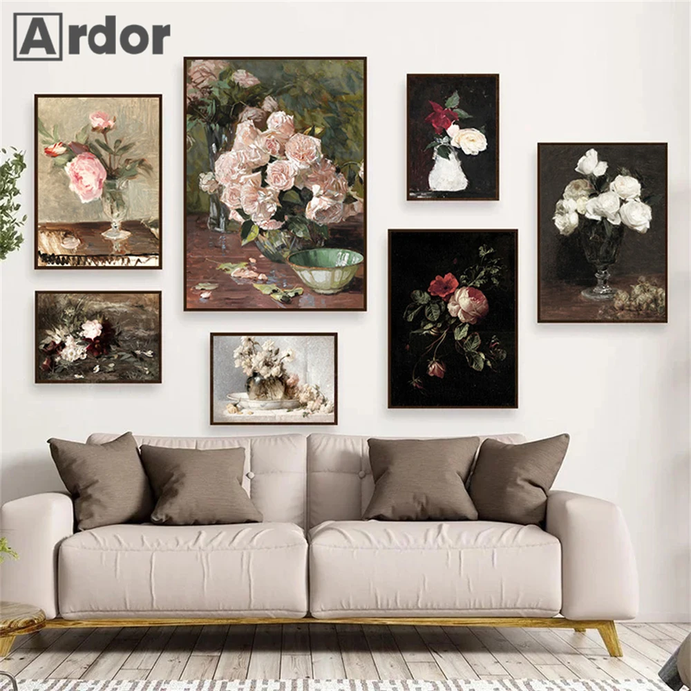 

Vintage Poster Rose Peony Print Pictures Retro French Flower Wall Art Canvas Painting Nordic Posters Living Room Home Decoration