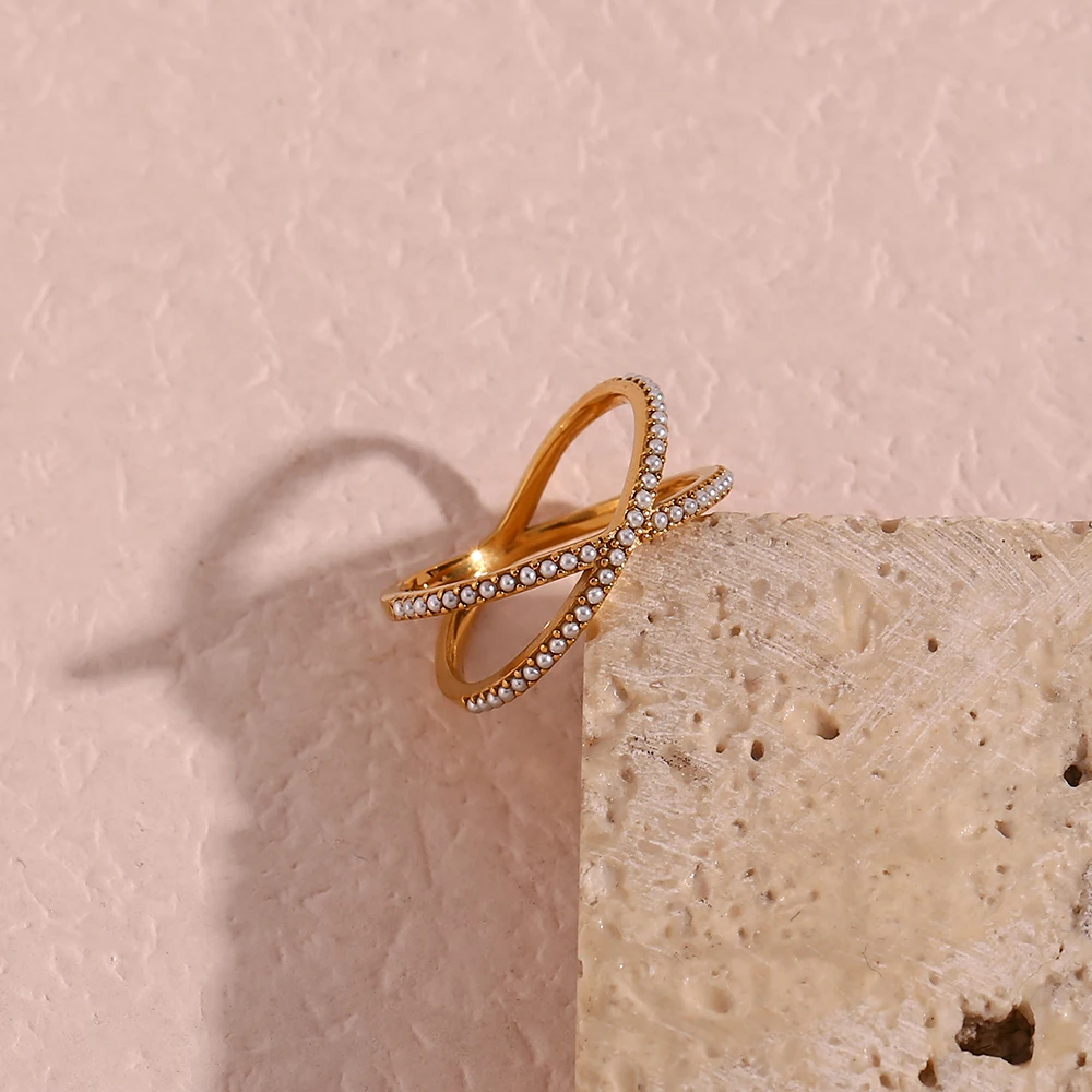 Small Dainty Pearl Paved X Cross Shape Female Gold