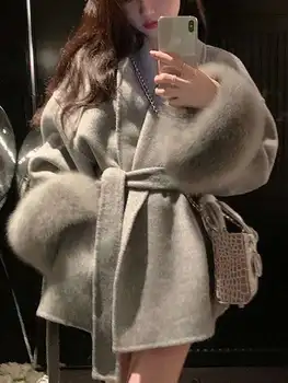 UCXQ Elegant OL Office Lady Overcoats Fur Patchwork Long Sleeve Woolen Coat Beautiful Women's Clothing Jacket Autumn 2025 Spring 1