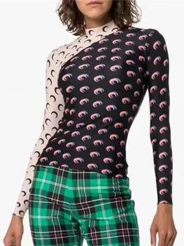 Women's Moon Print Long Sleeve Layered Splicing T-Shirt Uv Protection Slim Fit Casual Top for Daily Commute Streetwear 1