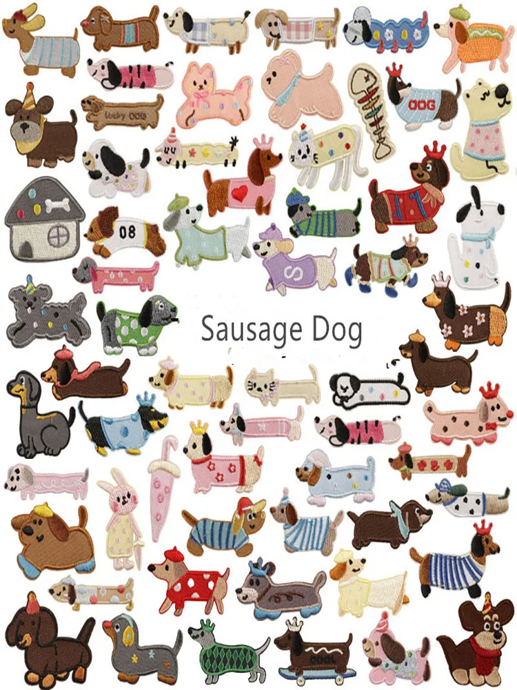 A large collection of colorful cartoon sausage dog self-adhesive embroidered patches shown together.