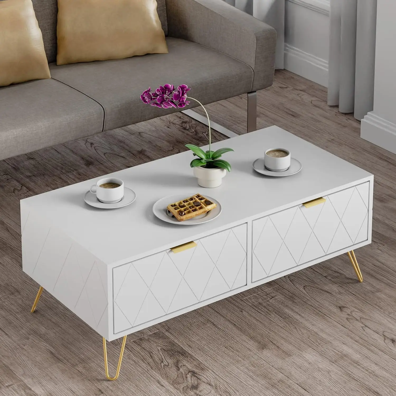 

39.4'' White Coffee Table with Drawers，2 Storage Shelves, with Gold Metal Handles for Living Room, Bedroom and Study