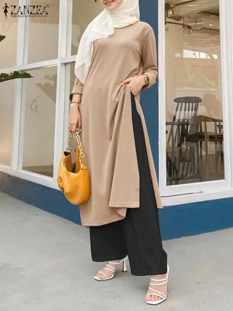 

2023 ZANZEA Fashion Urban Tracksuits Elegant Muslim Sets 2PCS Long Sleeve Split Hem Blouse Wide Leg Pants Woman Casual Outifits