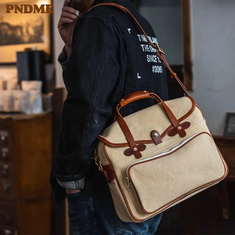

PNDME outdoor casual luxury canvas genuine leather men messenger bag weekend designer handmade daily white shoulder bag handbag