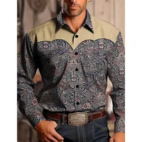 Men's Yellowstone Western Denim Shirt Two-tone patchwork pattern Men's roll-down button top Stylish casual long-sleeved shirt 1