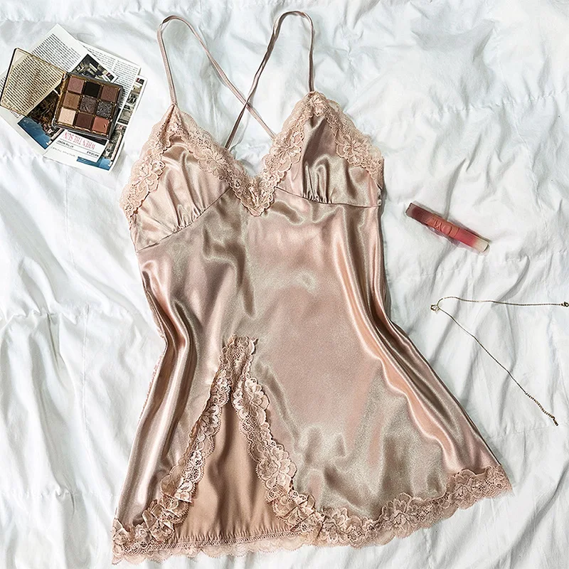 New Ice Silk Frill Trim Sleepwear Women's Soft Satin Camisole Nightdress Summer Slip Dress Comfortable Nightgown Solid Pajamas - Image 5