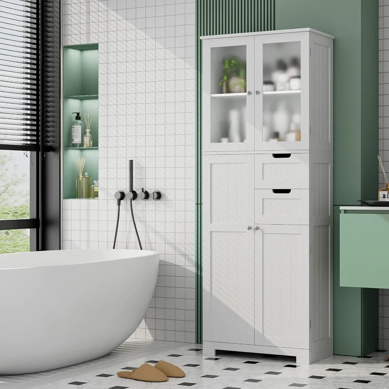 

BOTLOG Tall Storage Cabinet, 67" Kitchen Pantry Cabinet with Shelves and Glass Doors, Freestanding Bathroom Floor Cabinet with 2