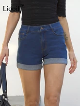 

Sexy High Waist Cuffed Skinny Jean Shorts Women New 2022 Summer Streetwear With Pockets Blue Cotton Stretch Curly Denim Shorts