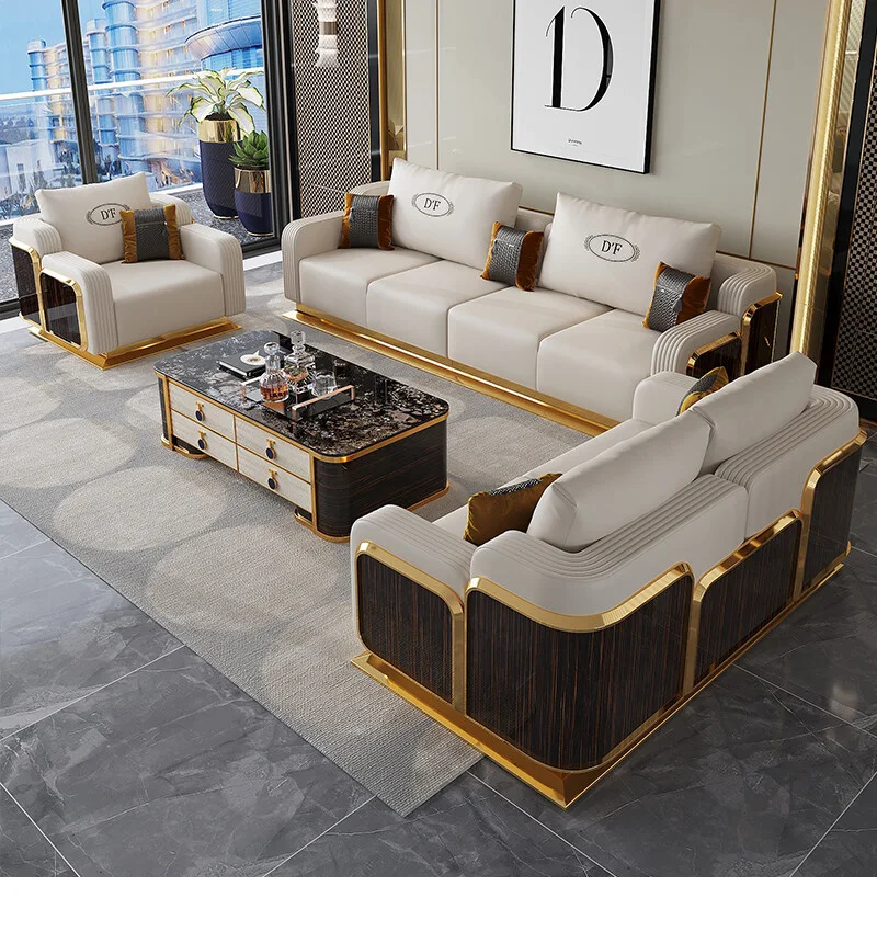 Modern Luxury Leather Sofa Wooden Living Room Sofa Set