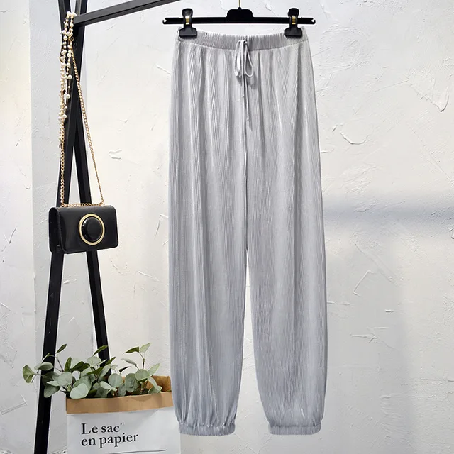 Spring/summer 2021 new ice silk chiffon pleated pants women high waist drop feeling loose-fitting lantern pant thin casual pants Shrink feet -grey