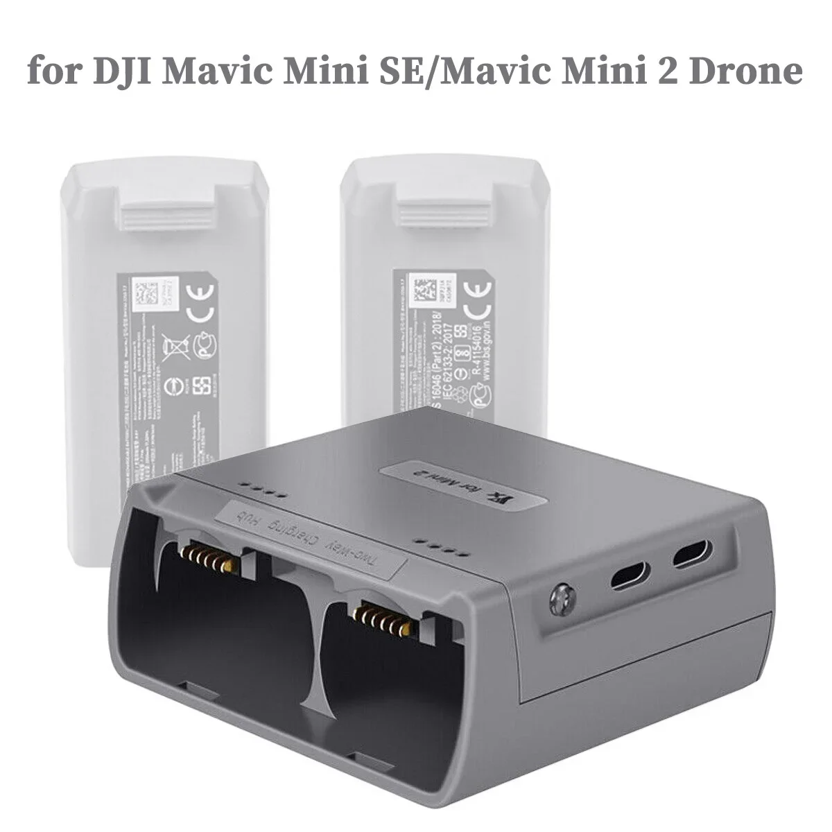 Chargeur batterie drone DJI Mini 4K Mini 2 SE avec batterie insérée, voyant lumineux indiquant la charge.