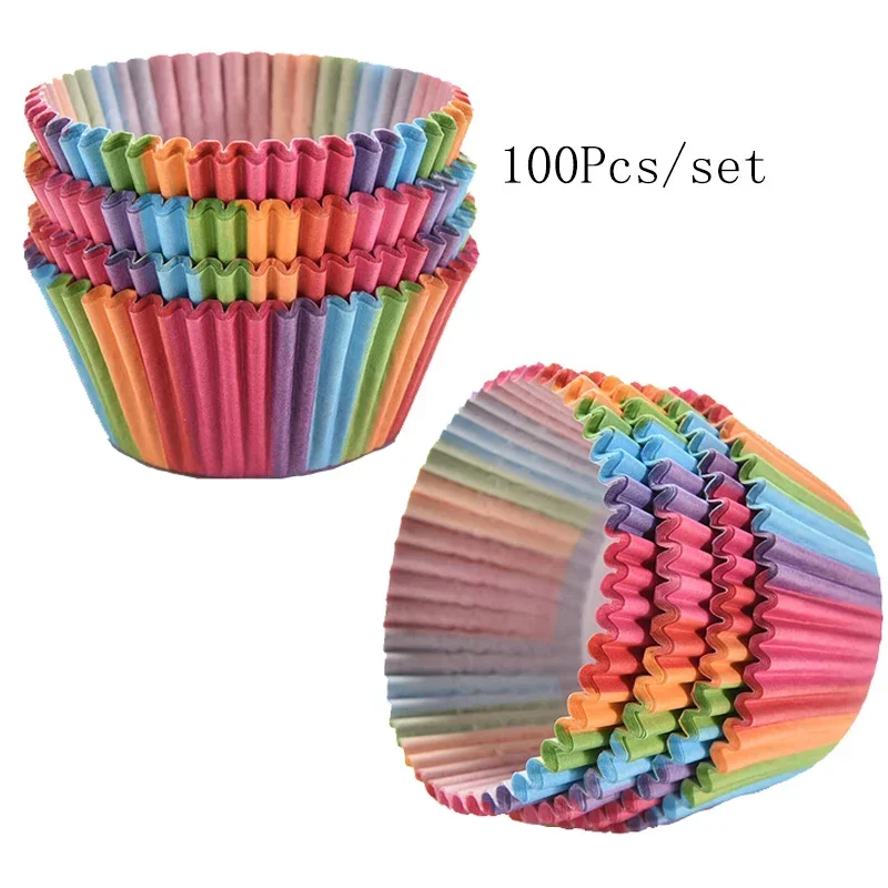 100Pcs/set cake mold cake decorating tools Rainbow Color Cupcake Liner Baking Cup Cupcake Paper Muffin Cases Cake Box Cup Tray Cake Mold Decorating Tools