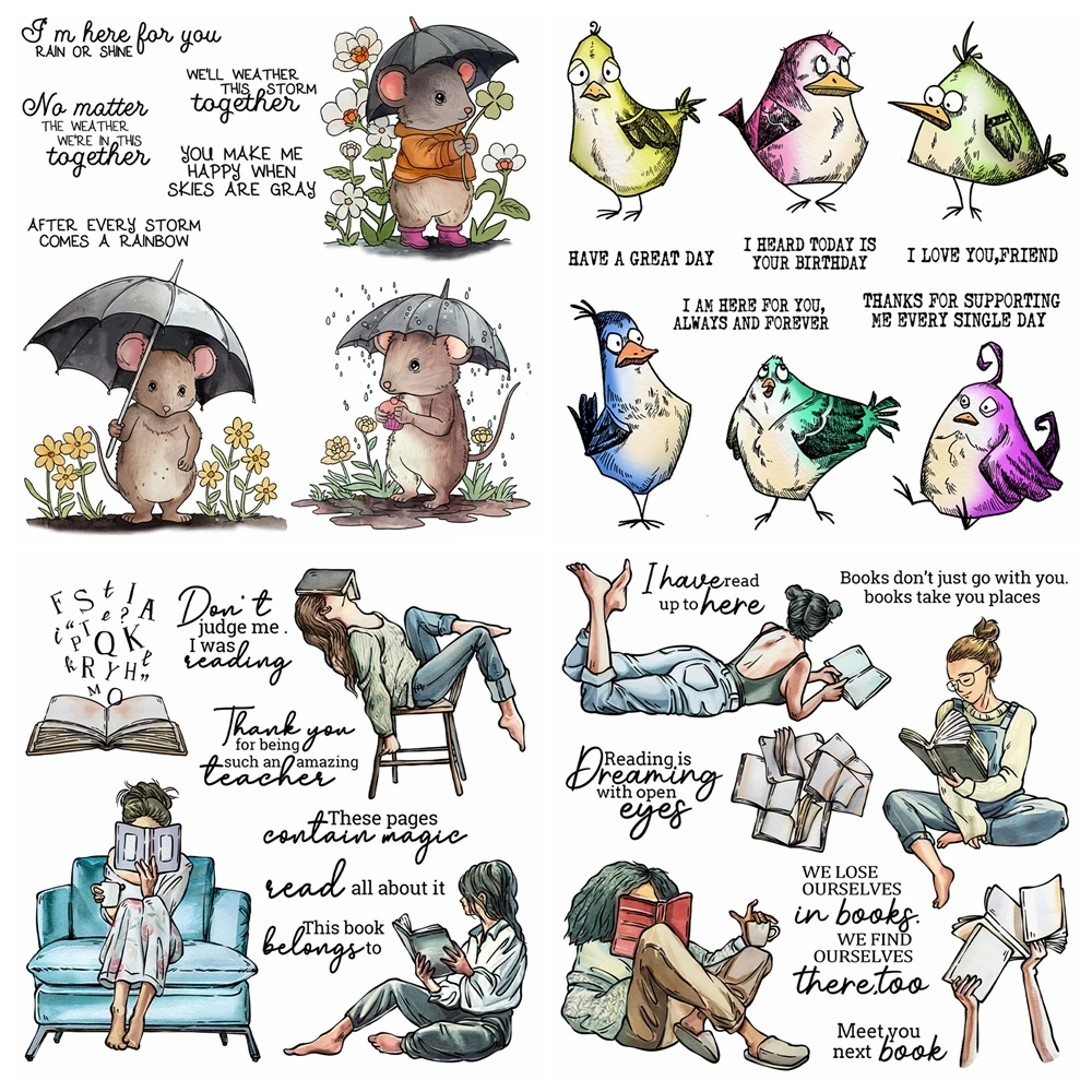 Reading Books Girls Clear Stamps and Cutting Dies Cute Mouse and Flowers Silicone Stamps for Card Making DIY Scrapbooking Suppli clear stamps clear rubber stamps reading stamps