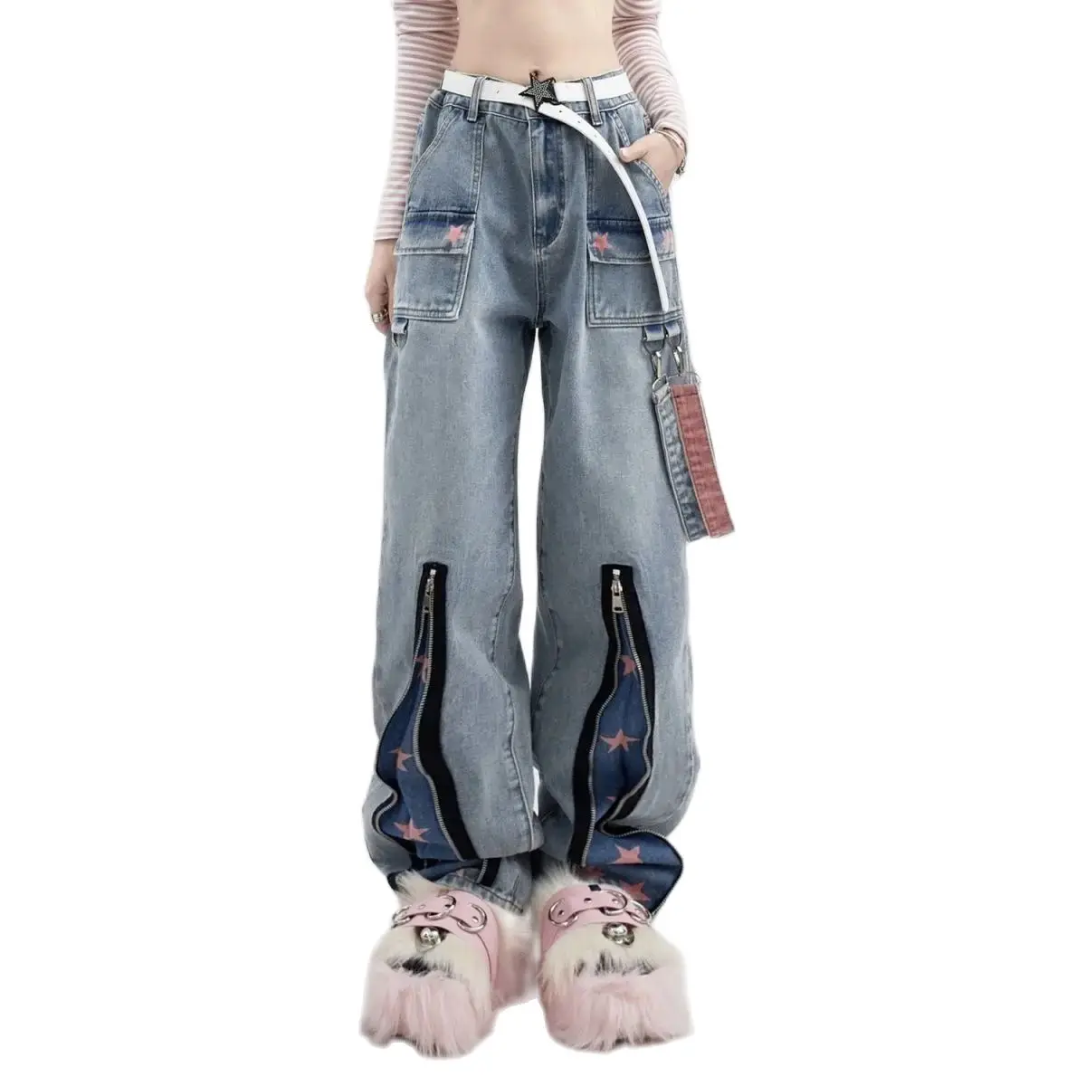 American High Street Work Jeans Women's Spring and Autumn New Star Print Design Loose and Slim Straight Leg Wide Leg Pants