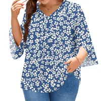 Plus size T-shirts women's fashion printed tops v-neck three-quarter sleeves t shirts spring autumn casual pullover tops - Image 2