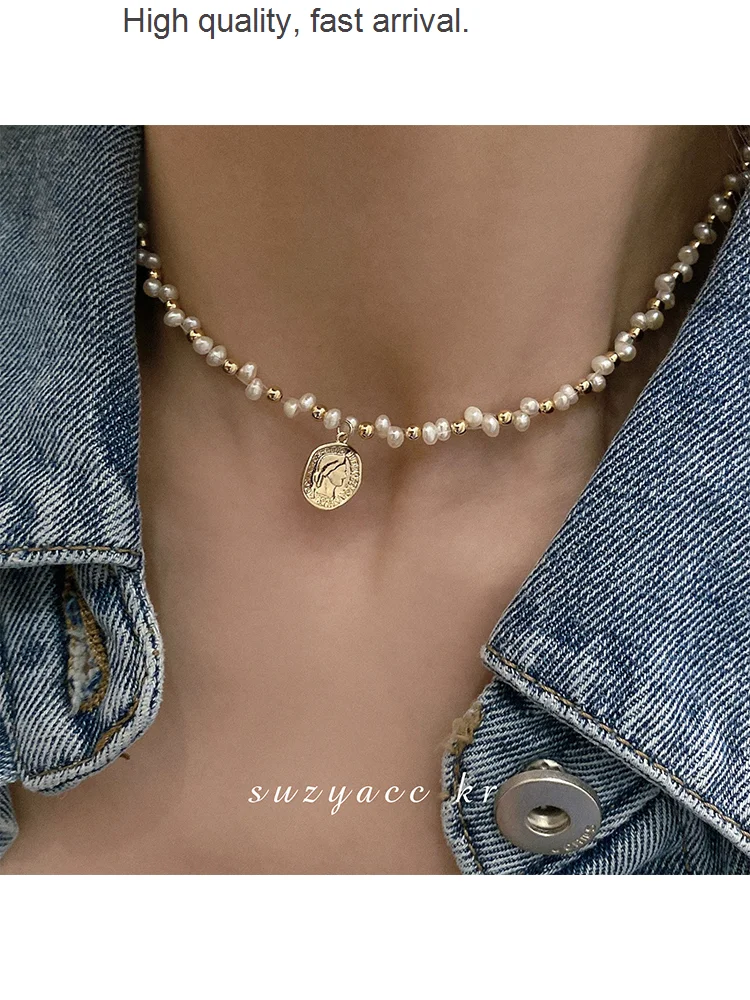 

European and Korean American Style Embossed Natural Pearl Necklace Clavicle Chain Light Luxury Minority Design Sense Necklace