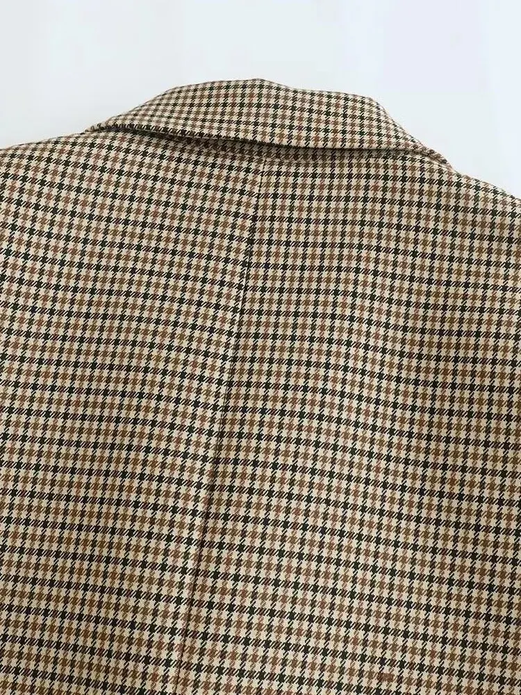 TRAF Women Fashion Double Breasted Plaid Blazer Coat Vintage Long Sleeve Flap Pockets Female Outerwear Chic Vestes Femme 5