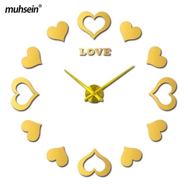 Muhsein Heart Wall Clock Fashion Aarylic Mirror Wall Watch Room Decorate Clock 3 D DIY Wall Sticker Clock Mute Quartz Clock 