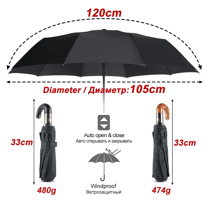 British Leather Handle Umbrella Men Automatic 10Ribs 3 Folding Windproof Umbrella Rain Woman Parasol