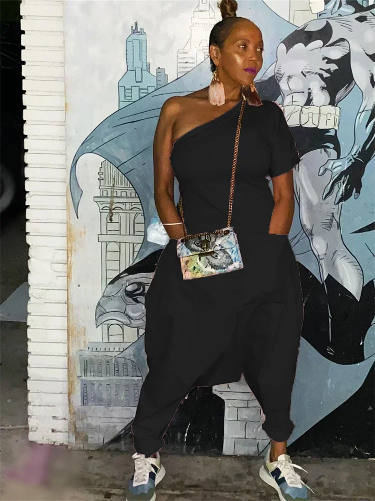 Wmstar Women Jumpsuit Summer Fashion New Solid Color Slanted Shoulder Wide Leg Pants Loose Fitting Holiday Party Ladies Suits