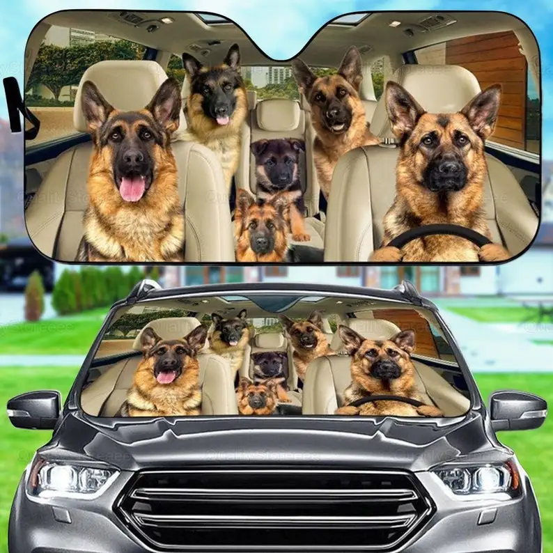 German Shepherd Car Sunshade, Dogs Family Sunshade, Dog Car Accessories, Gift Owner Dog, Shepherd Lover, Car Decoration LNG18220 15 11 5cm 2 pcs cartoon warning german shepherd guard dog retro reflective decals car window sticker