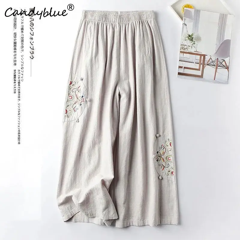 

2023 Summer Casual Pants for Women Vintage Ethnic Style Embroidered Wide Leg Trousers Comfortable Versatile Ankle-Length Pants