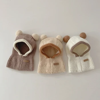 따뜻한 모자 스카프 방풍 통합 Neckerchief 모자 만화 Pom Pom 귀고리 겨울 보닛 모자 두꺼운 아기 모자