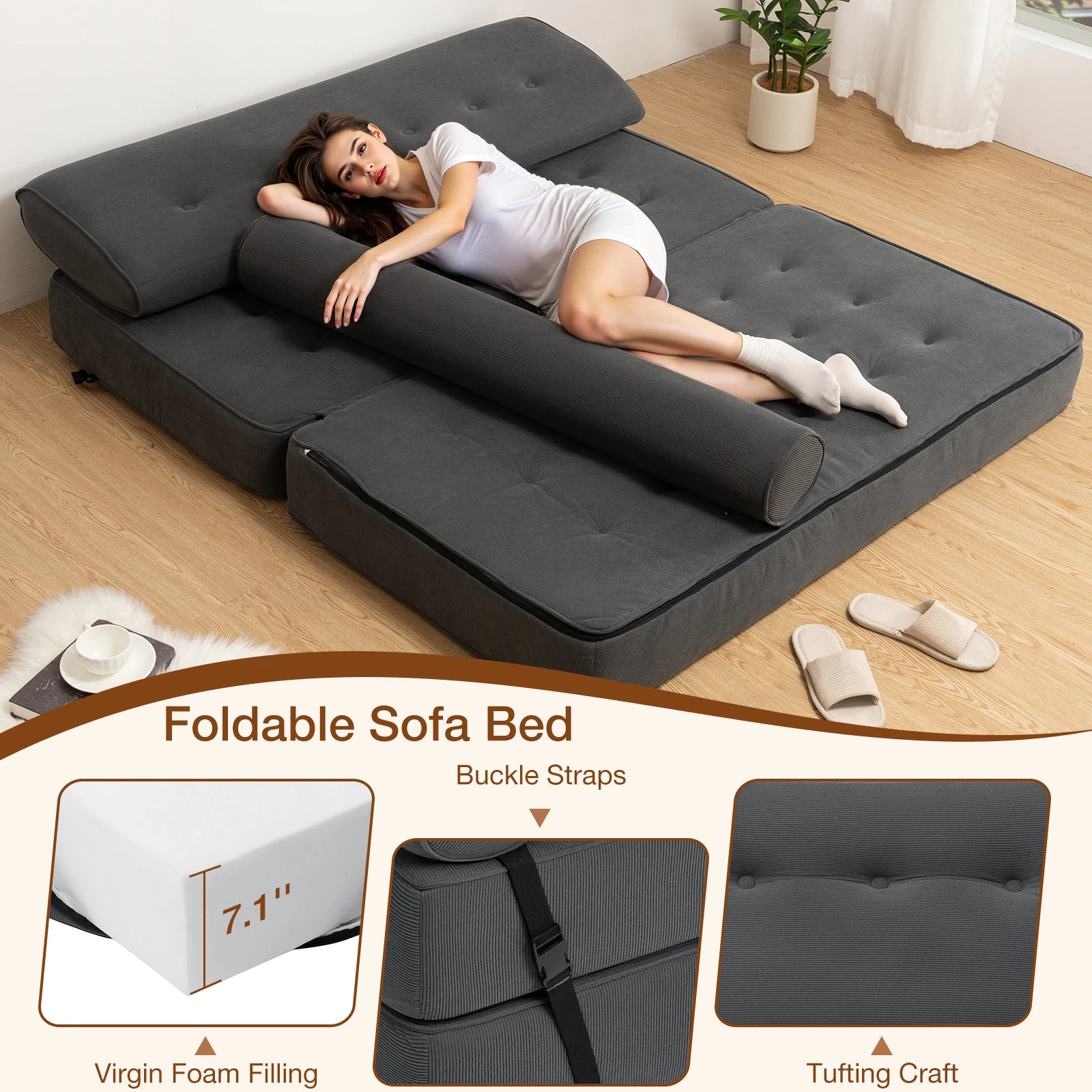 Klappbares Schlafsofa in Queensize, Verwandelbarer Sessel mit Hochdichter Schaumstofffüllung und Kissen, Sessel-Bett für Wohnzimmer – Detail 5