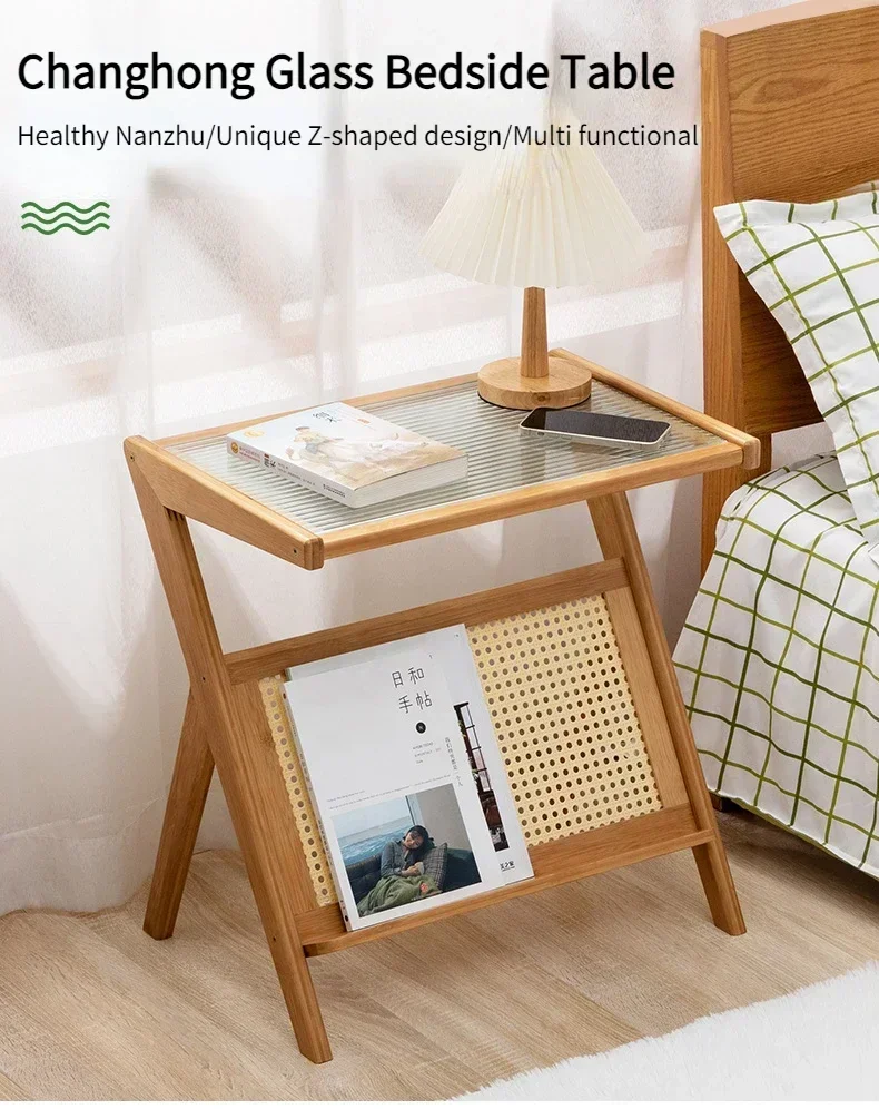Description Picture 6 of itemZ Shaped Coffee Tables Small Side Table Household Sofa Side Desk For Living Room Bamboo End Table With Glass Top Magazine Rack
