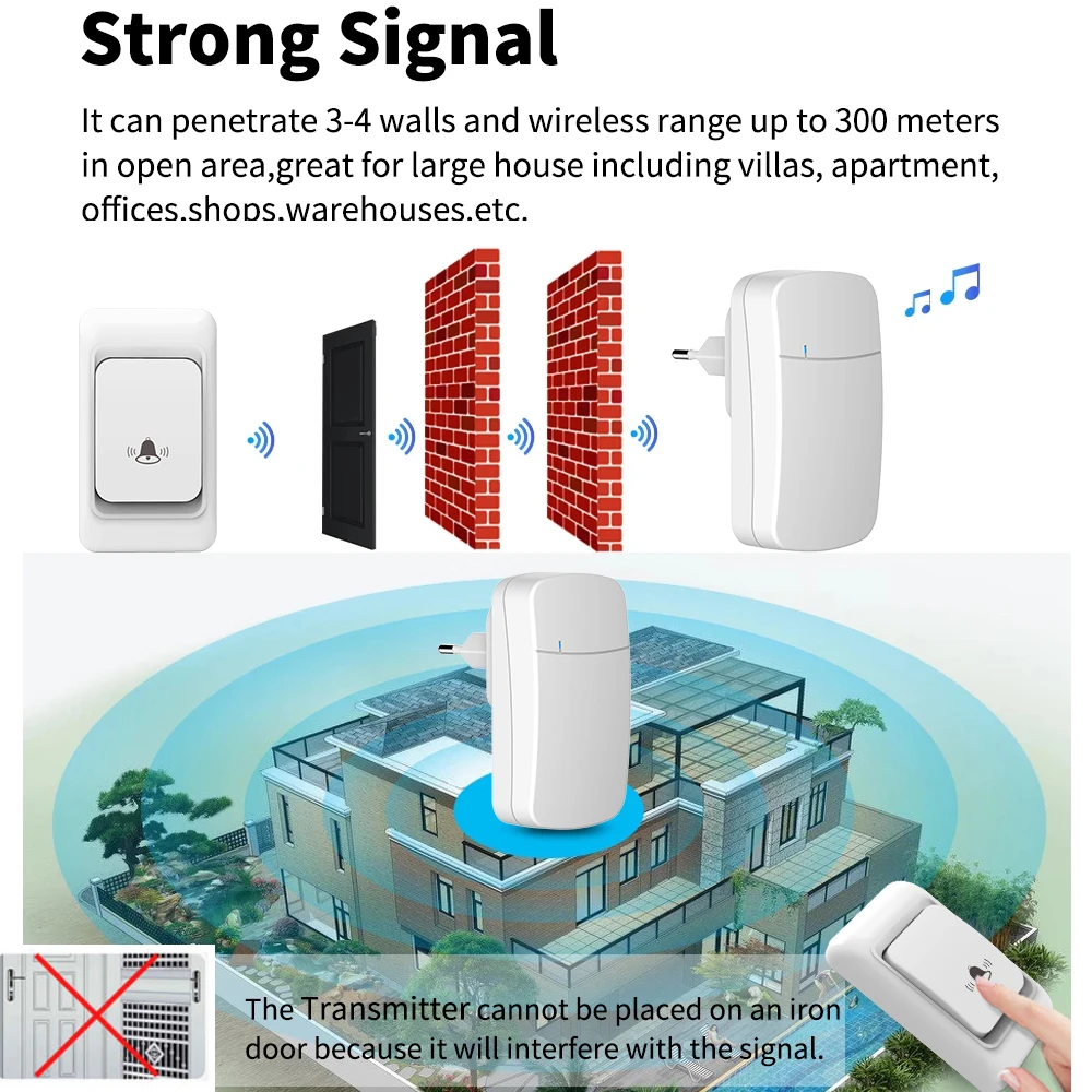 Wireless Doorbell 38 Kinds Ringtones Songs My Melody Chimes Ring Bell Set 300m House Door Bell