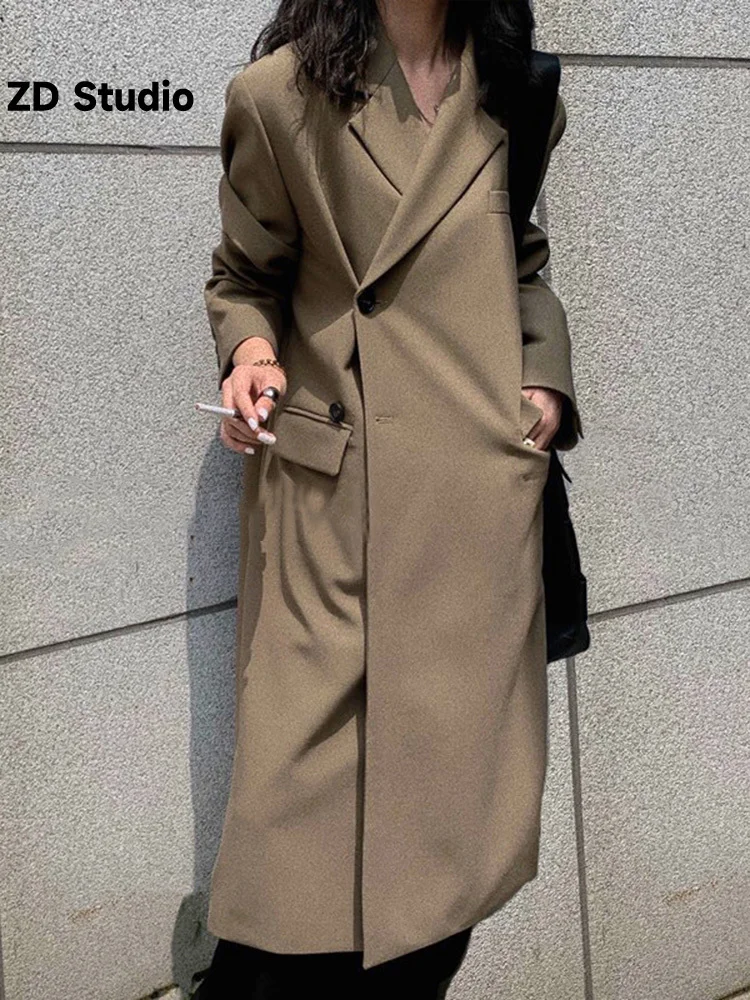 

[ZD Studio] Korean Solid Trench Coat Lapel Single Breasted Long Sleeves Fashion High End Office Lady Clothing 2023 New 2YA1975