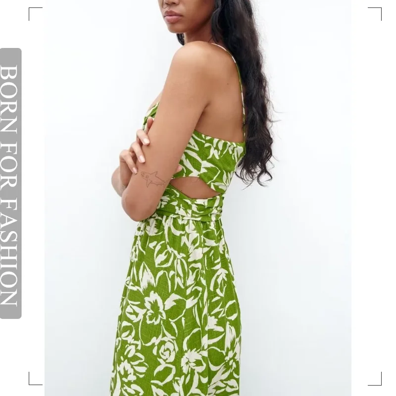 

Summer Green Floral Dress 2023 Cut Out Slip Long Dress Women Woman Pleated Backless Sexy Party Dresses Beach Holiday Dress