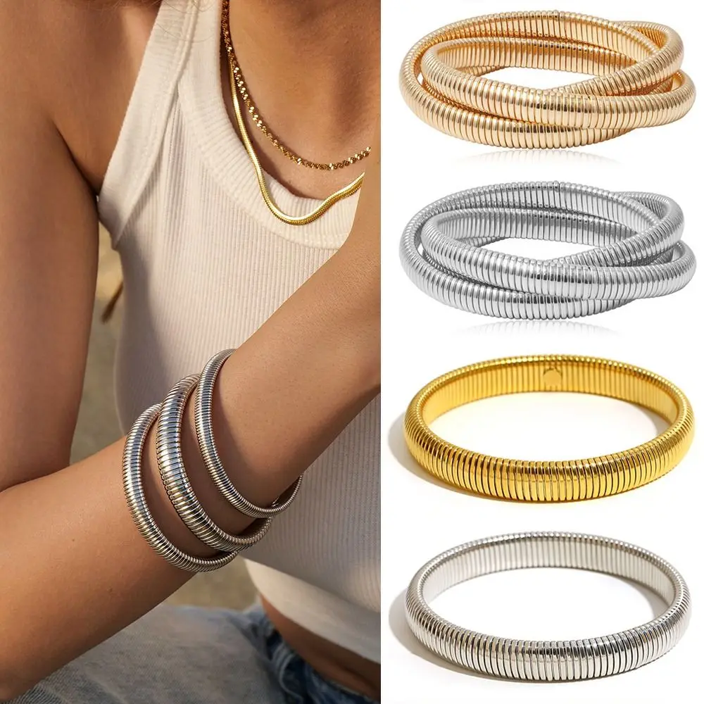 Women Girls Simple Design Elastic Bracelet Fashion Stainless Steel Punk Style Spiral Bracelet Hip Hop Waterproof Vintage Bangle 1