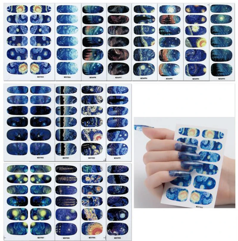 Starry Sky Colorful Painting Nail Stickers Finished Adhesive Full Cover Nail Wraps False Patch Tips Art Decals Decors