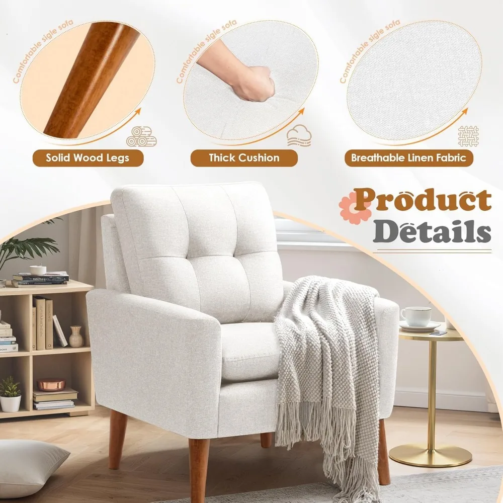 Mid Century Accent Chair, Fabric Modern Reading Living Room Chair, Fluffy Comfy Armchair Small Sofa Chair with Wood Legs 4