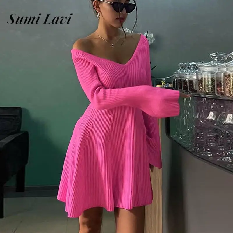 

2024 Sexy V-neck Long Sleeve A-line Mini Dress Autumn Ladies Daily Knitted Dress Elegant Solid Color Rib Waisted Bottoming Dress