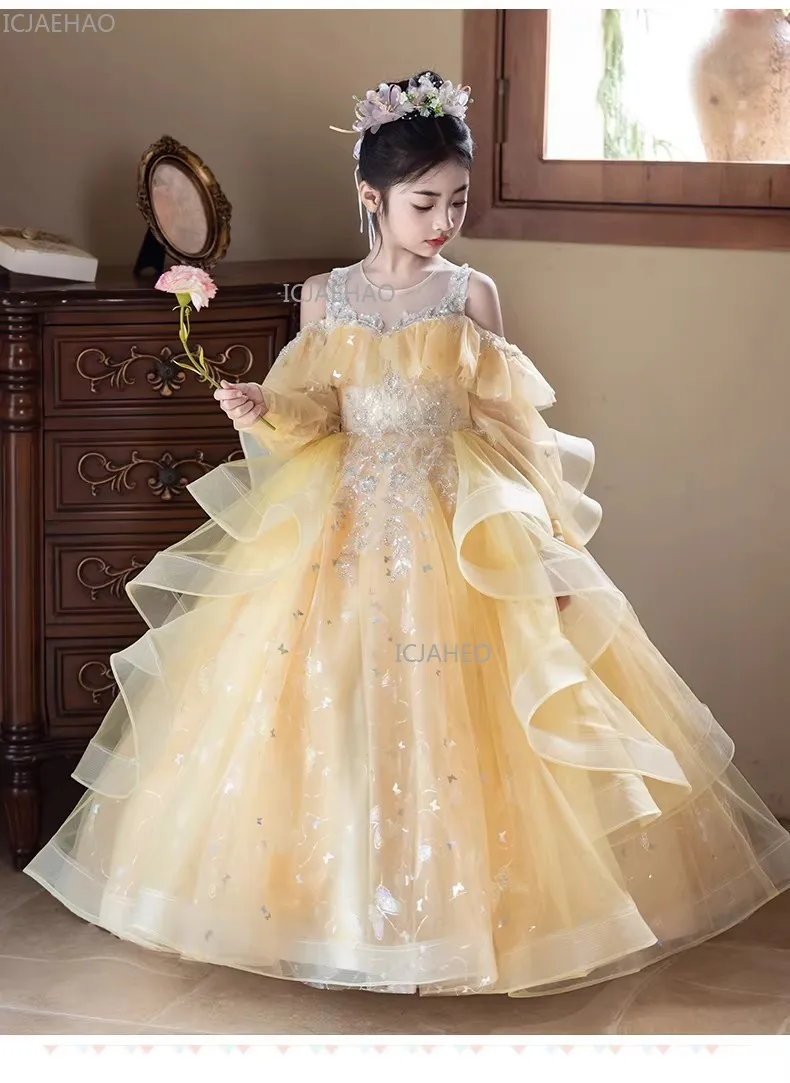 Girl Princess Dress Long Sleeve Pageant Performance Gown Formal Party  Outfit | eBay