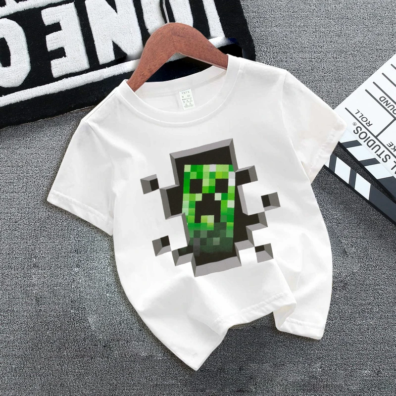 Miner Crafting Pixel T-shirt Short Sleeve Cute Cartoon Print Summer Round Neck Sportwear Fashion Hip Hop Boys Girls Clothes Gift