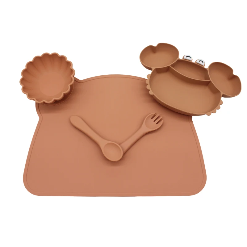 Crab compartment plate children's tableware set with meal bib eating training bowl soft silicone baby autonomous 5