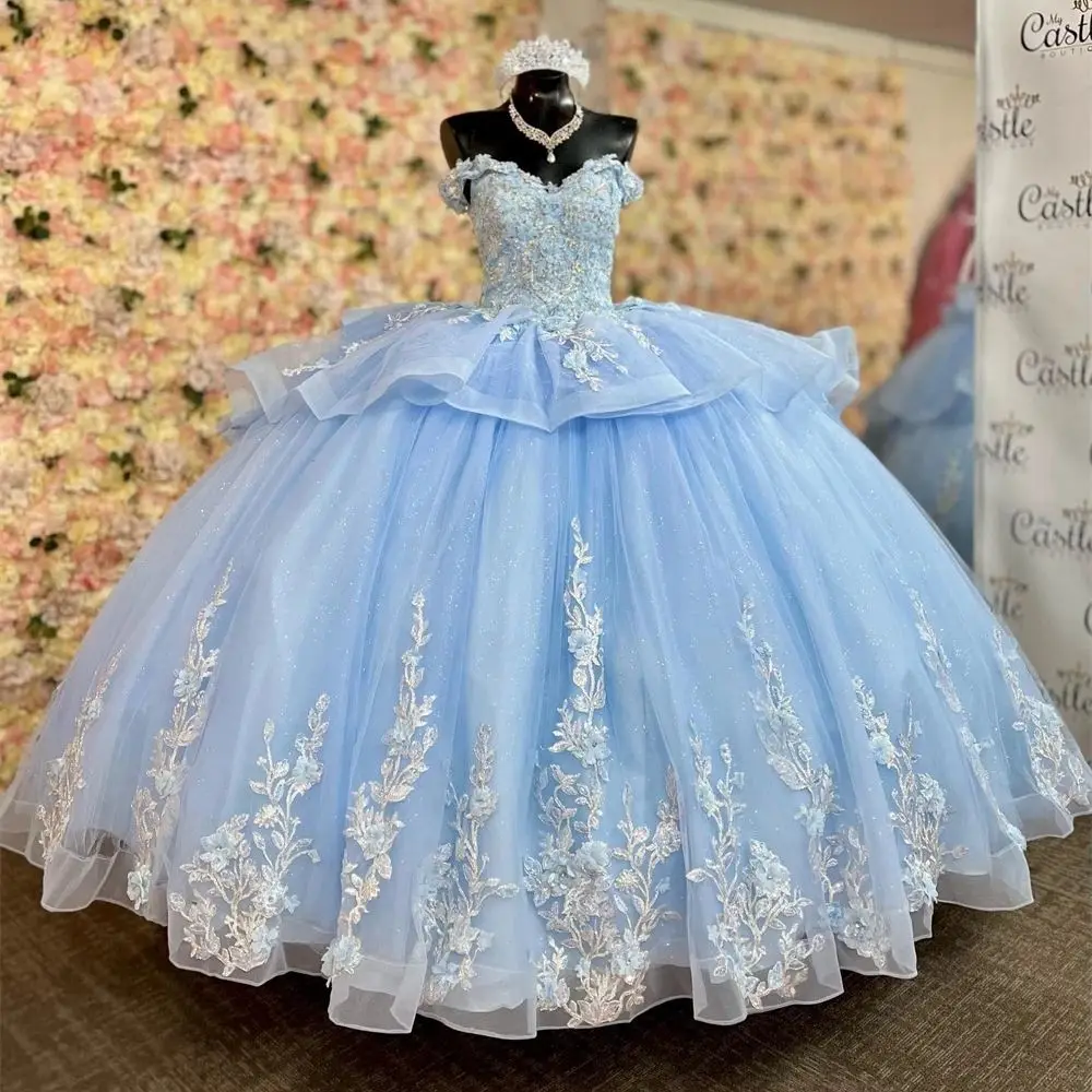 Angelsbridep 반짝이는 라이트 블루 Quinceanera 드레스 어깨에서 프..