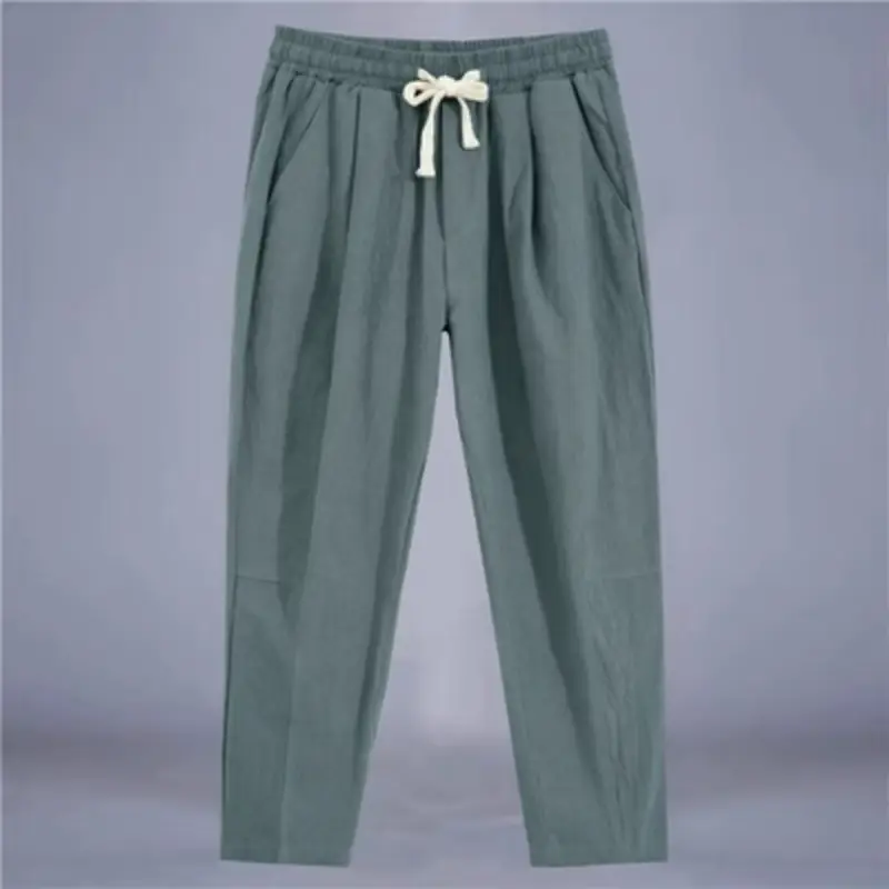 Men's Trousers Cotton Linen Fashion Casual Pants Solid Color Breathable Loose Shorts Straight Drawstring Pants Streetwear Men - Image 7