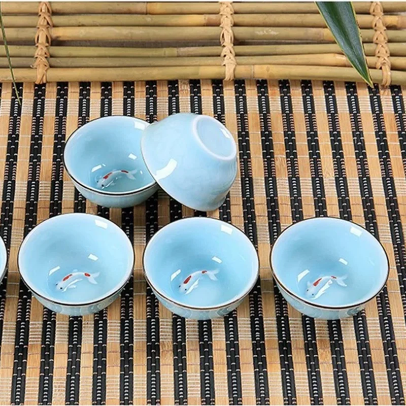 Celadon Chinese Kungfu Tea Cups Green/ Blue Embossed Carp Goldfish Teacup Small Fish Creative Ceramic Tasting Cup 40ml 6.3*3cm