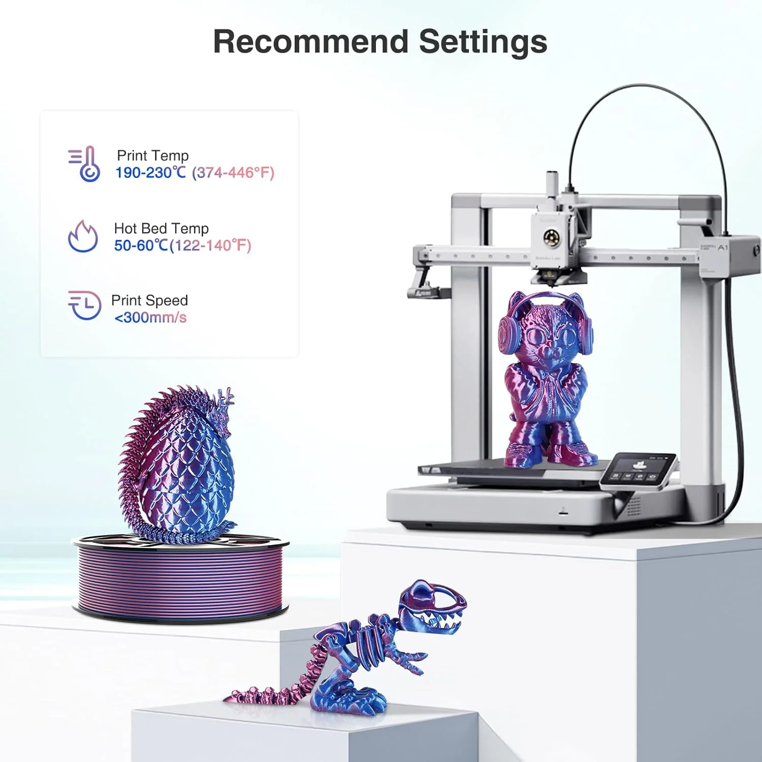 실크 PLA 필라멘트 1.75mm, 3D 프린터 필라멘트 이중 색상 공압출 필라멘트 PLA, 250g, 실크 로즈 레드 블루